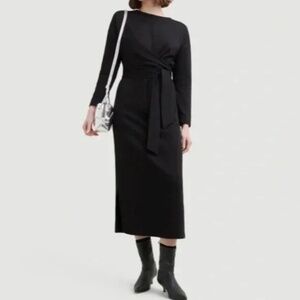 MODERN CITIZEN Organic Cotton Front Waist Tie Midi Dress Minimalist 3/4 Sleeves